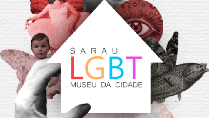 imagem escrita sarau lgbt museu da cidade com figuras preto e branco e avermelhadas ao fundo (mulher, olho, peixe, nuvem, criança e uma mão)