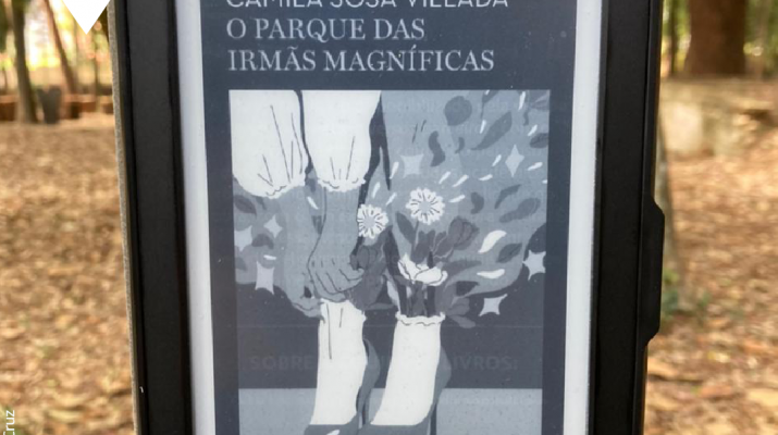 Imagem da capa do livro “O parque das irmãs magníficas” em preto e branco na versão e-book, ao fundo paisagem desfocada de um parque com árvores.