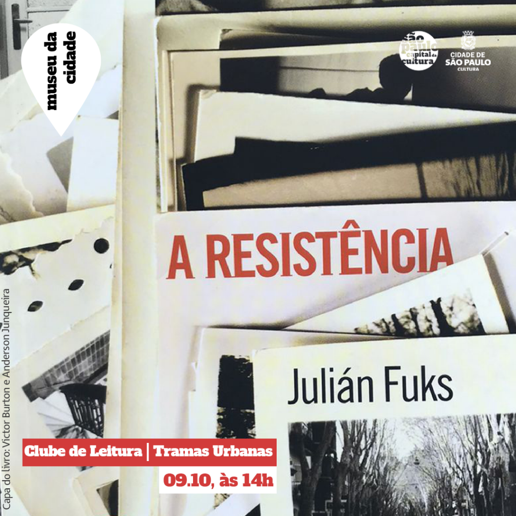 Fotografia do livro A resistência, de Julián Fuks, cuja imagem da capa são várias fotografias sobrepostas, sobre uma estrutura de concreto.