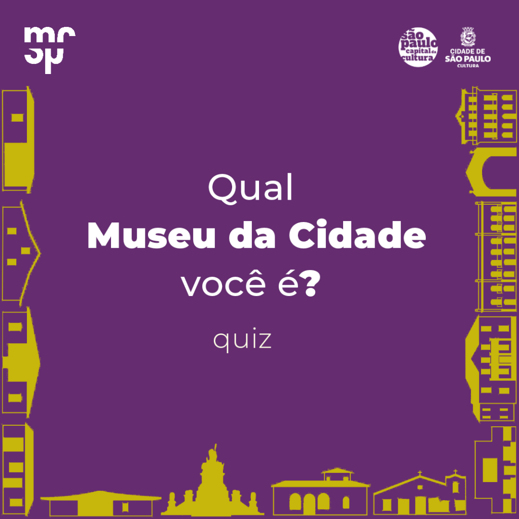 Imagem com fundo roxo, nas laterais ícones representando as unidades do museu e ao centro escrito:Qual museu da cidade é você?